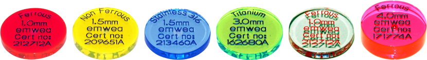 Testchips für Metallsuchgeräte aus PMMA (Acryl)